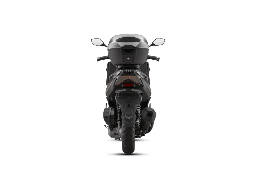 360 изглед на хибриден скутер QJ Motor MTX 125 черен мат – заден ляв ъгъл